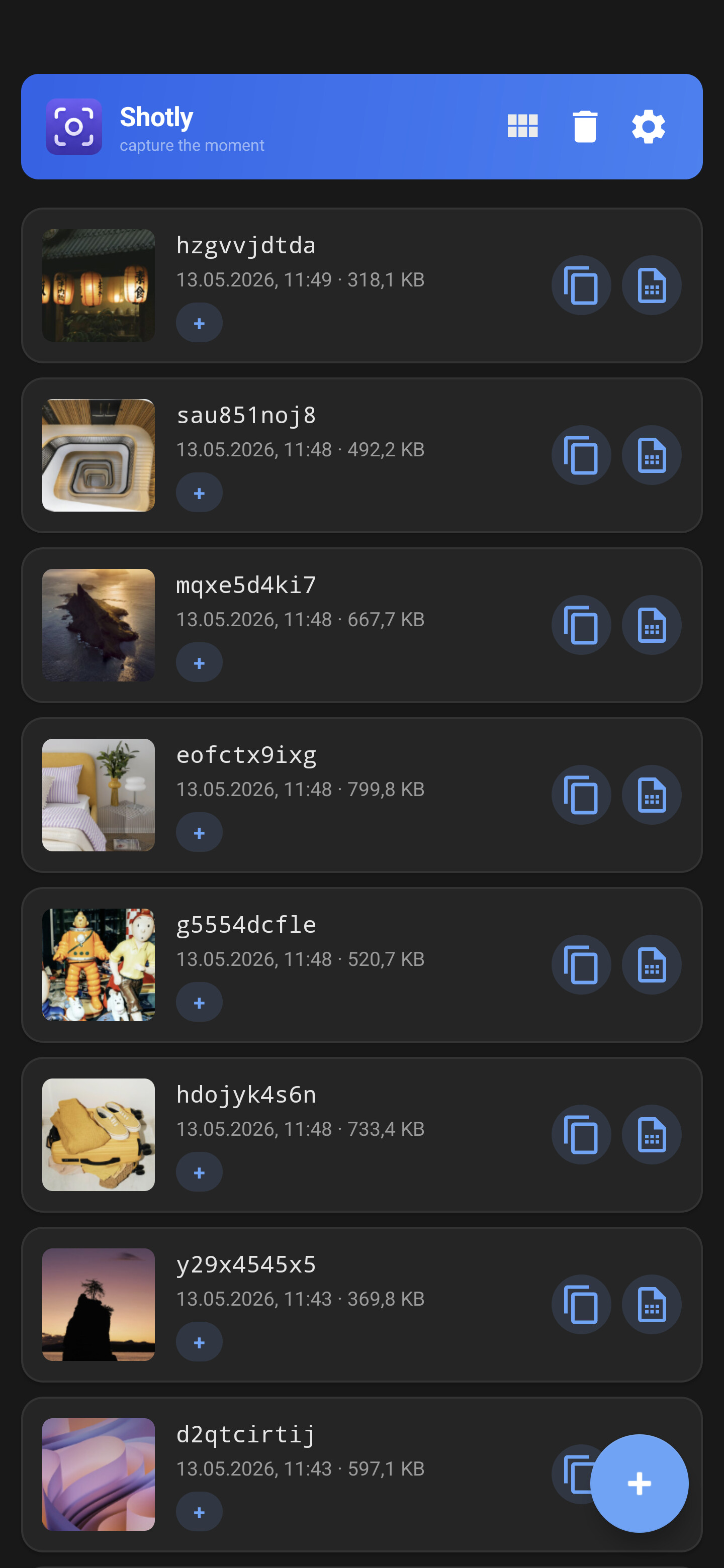 Shotly Android - lista
